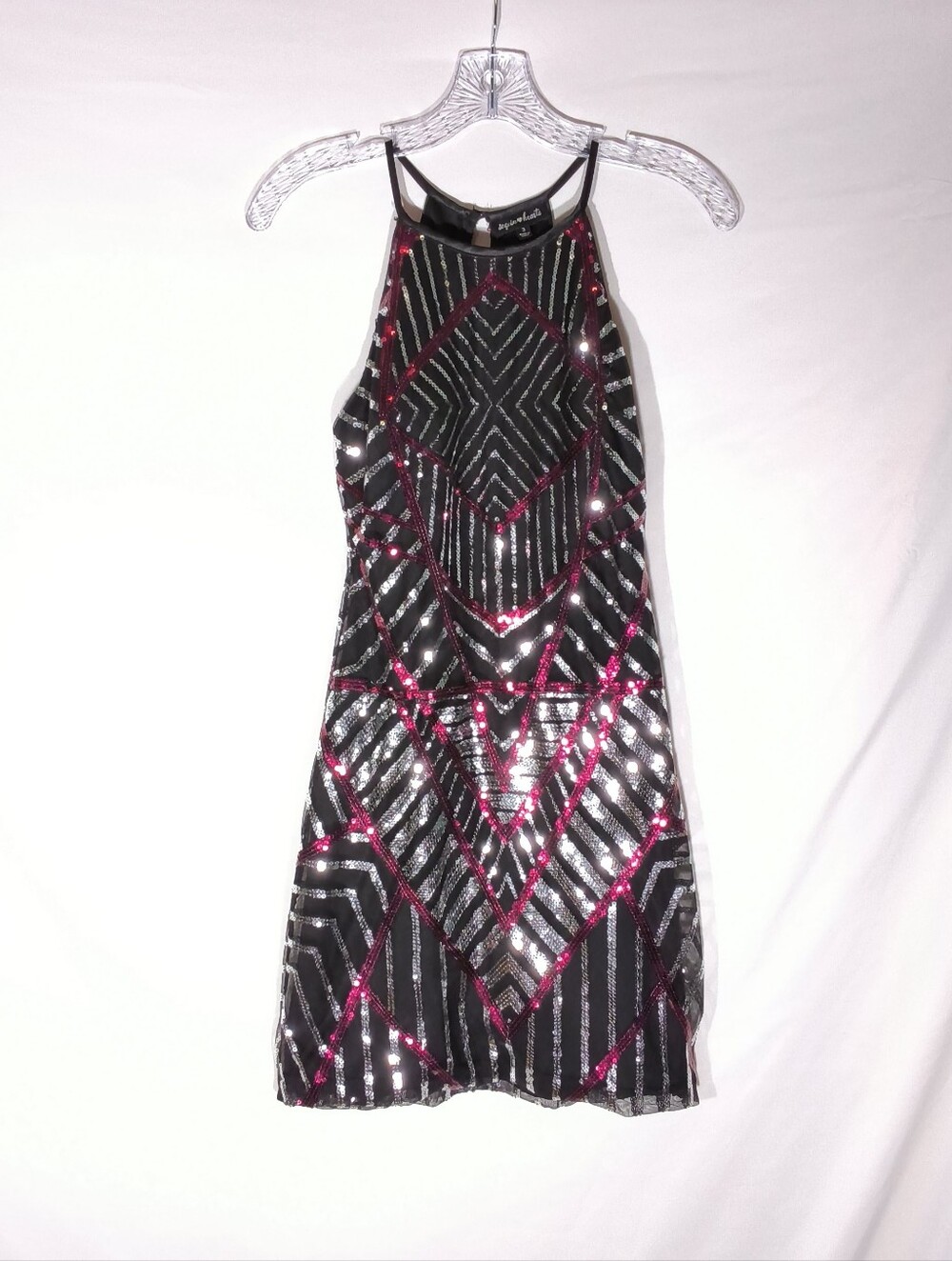 Sequin Hearts Black Pink Silver Geometric Sequin Halter Dress - Size 3